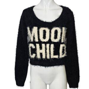 Killstar Womens Moon Child Fuzzy Cropped Sweater, Long Sleeve Black, Size L